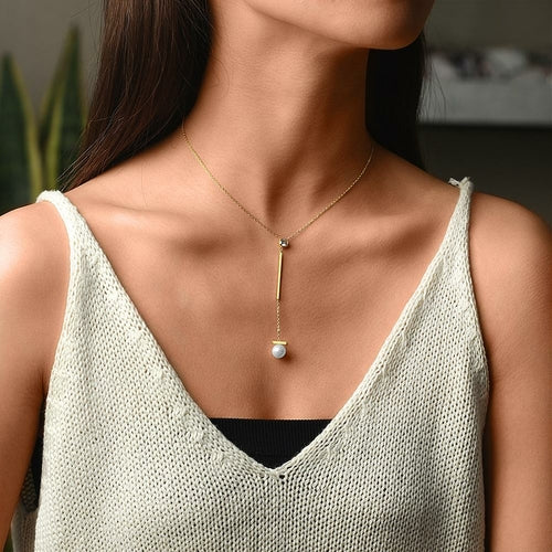 Pearl with Bar Pendant Drop Necklace